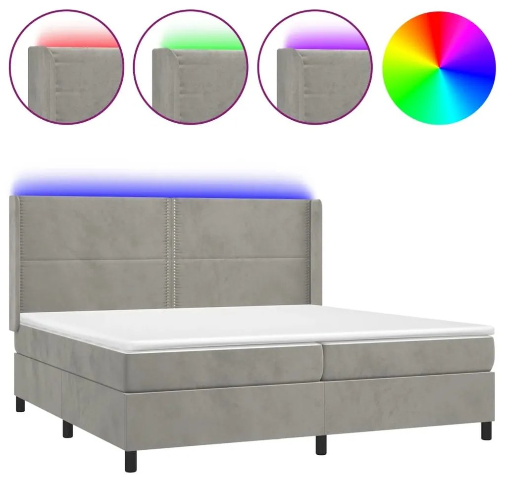 Κρεβάτι Boxspring με Στρώμα &amp; LED Αν.Γκρι 200x200 εκ. Βελούδινο - Γκρι