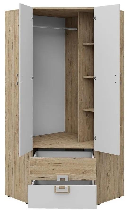 Γωνιακή ντουλάπα Akron F102, Άσπρο, Ελαφριά δρυς, 190x87x87cm, 84 kg, Πόρτες ντουλάπας: Με μεντεσέδες, Αριθμός ραφιών: 3, Αριθμός ραφιών: 3