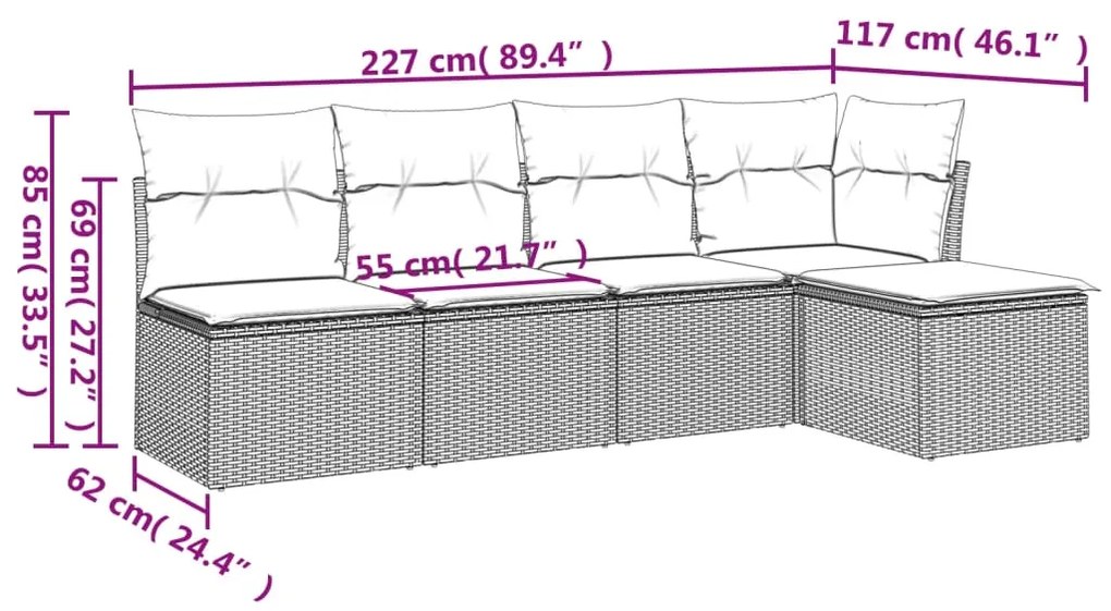 vidaXL Σετ Καναπέ Κήπου 5 Τεμαχίων Μαύρο Συνθετικό Ρατάν με Μαξιλάρια