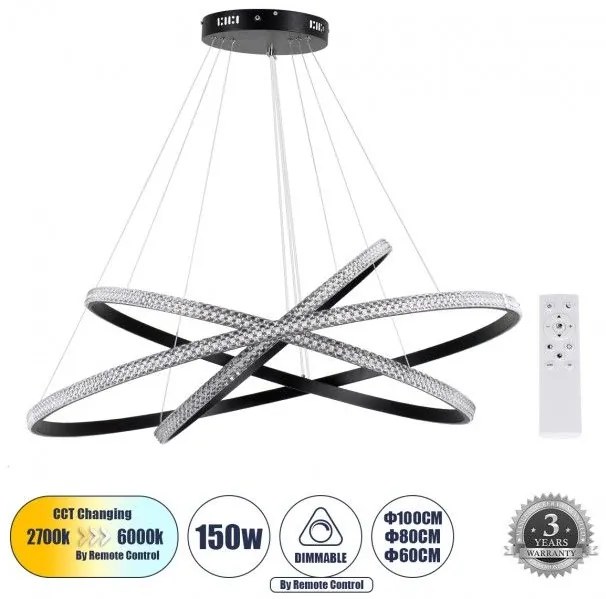 Κρεμαστό Φωτιστικό Οροφής LED 150W 18379lm DIAMOND ΤRIO DECO Globostar 61140-DECO Μαύρο