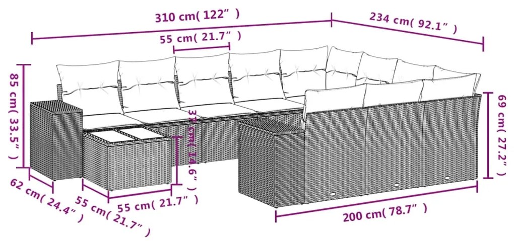 vidaXL Σαλόνι Κήπου 11 Τεμαχίων Καφέ από Συνθετικό Ρατάν με Μαξιλάρια