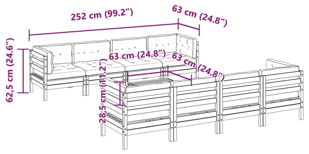 Καναπές Κήπου Σετ 9 τεμ. Καφέ Μασίφ Ξύλο Πεύκου με Μαξιλάρια - Καφέ