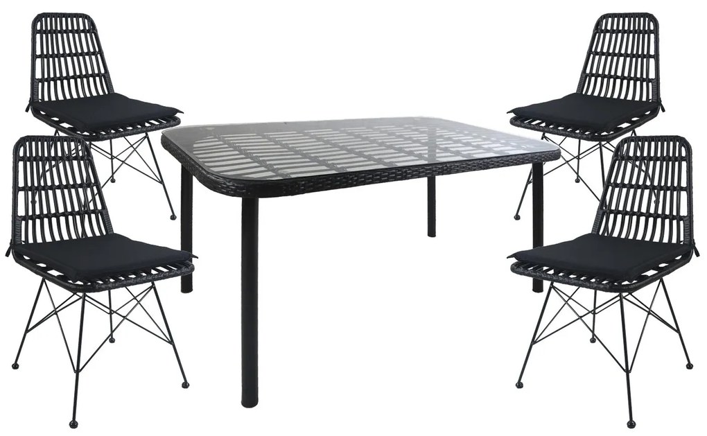 Σετ Τραπεζαρία Κήπου ArteLibre AMPLAS Μαύρο Μέταλλο/Rattan/Γυαλί Με 4 Καρέκλες 14990359-14990359