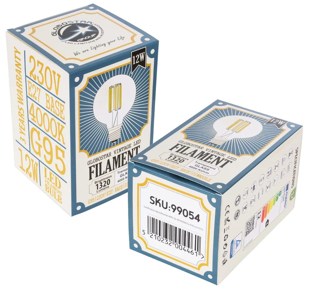 GloboStar 99054 Λάμπα LED Long Filament E27 G95 Γλόμπος 12W 1320lm 360° AC 220-240V IP20 Φ9.5 x Υ13.5cm Φυσικό Λευκό 4000K με Διάφανο Γυαλί - Dimmable - 3 Years Warranty - 99054