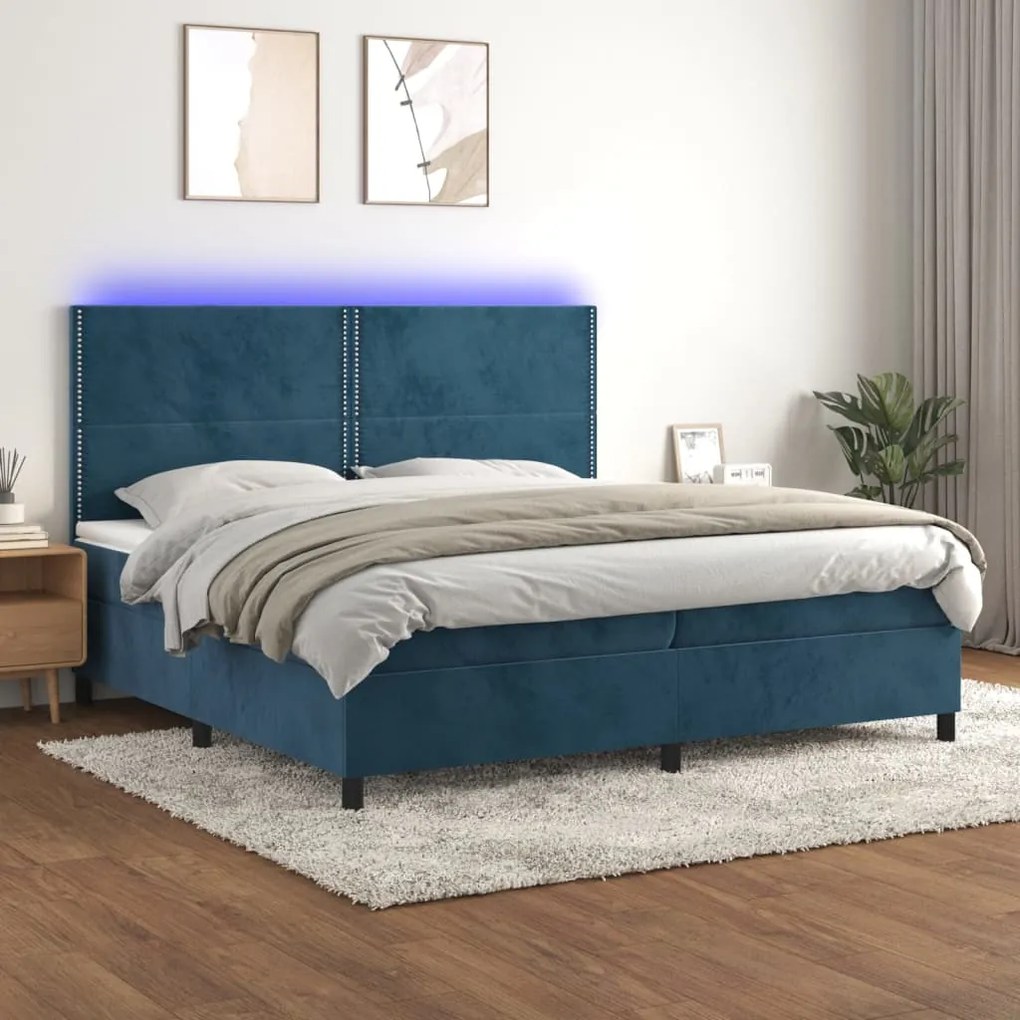 vidaXL Κρεβάτι Boxspring με Στρώμα & LED Σκ. Μπλε 200x200εκ. Βελούδινο