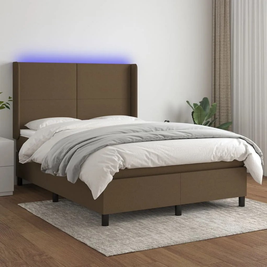 vidaXL Κρεβάτι Boxspring με Στρώμα & LED Σκ.Καφέ 140x200 εκ Υφασμάτινο