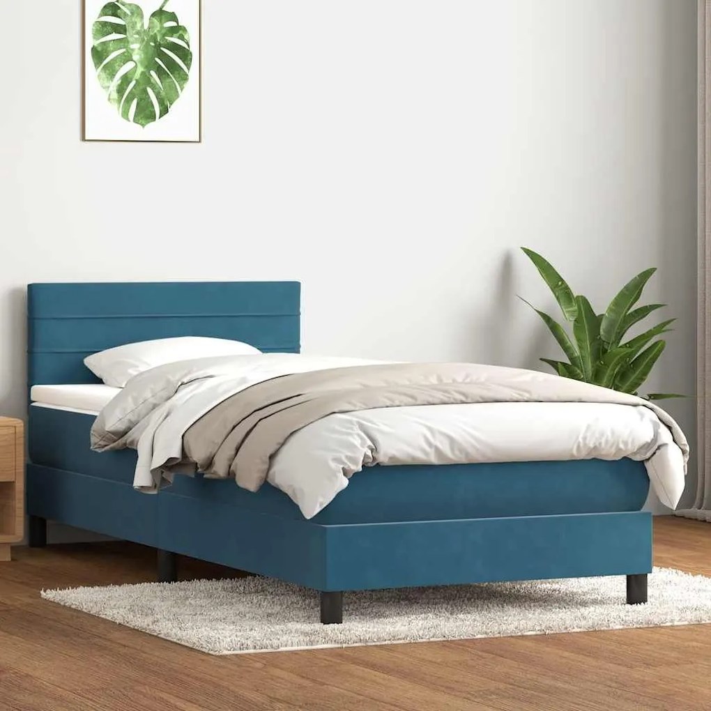 Κρεβάτι Boxspring με Στρώμα Σκούρο Μπλε 90x220 εκ. Βελούδινο - Μπλε