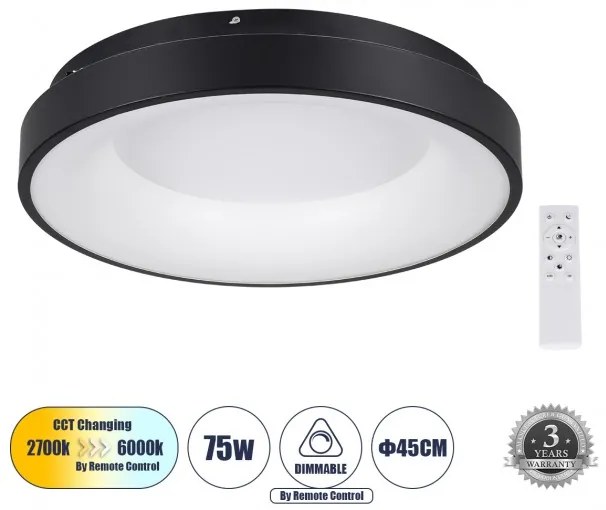 Πλαφονιέρα Φωτιστικό Οροφής Δαχτυλίδι LED CCT 75W 8625lm SALEM Globostar 61233 Μαύρο