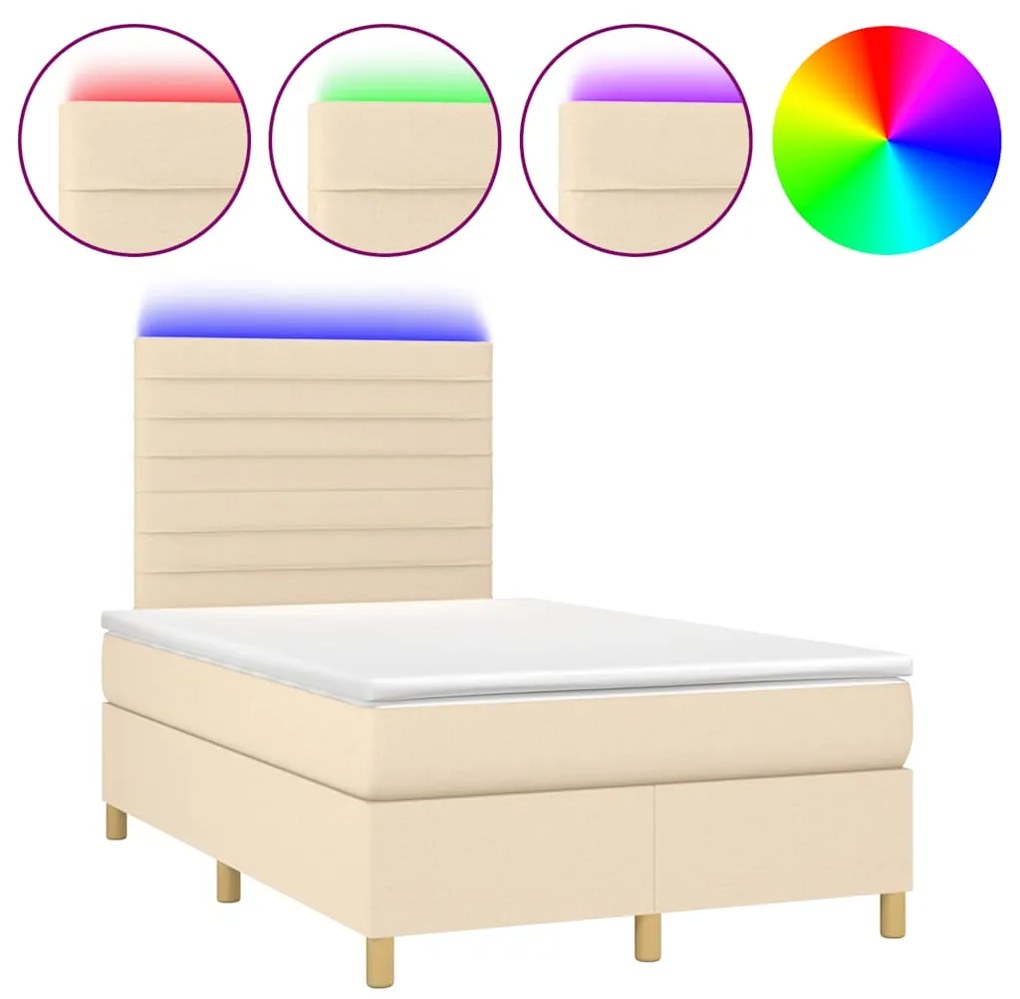 vidaXL Κρεβάτι Boxspring με Στρώμα & LED Κρεμ 120x190 εκ. Υφασμάτινο