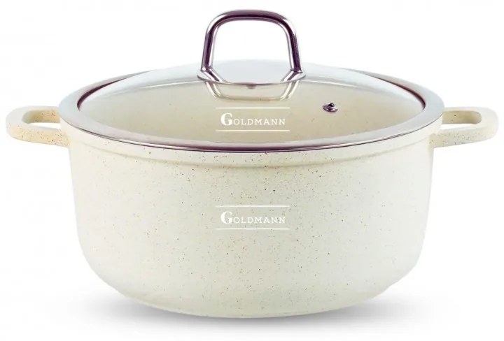 Κατσαρόλα Goldmann GM-0324B, 4,5 l, 24 cm, Αντικολλητική μαρμάρινη επίστρωση, Καπάκι με άνοιγμα, Επαγωγή, Μπεζ