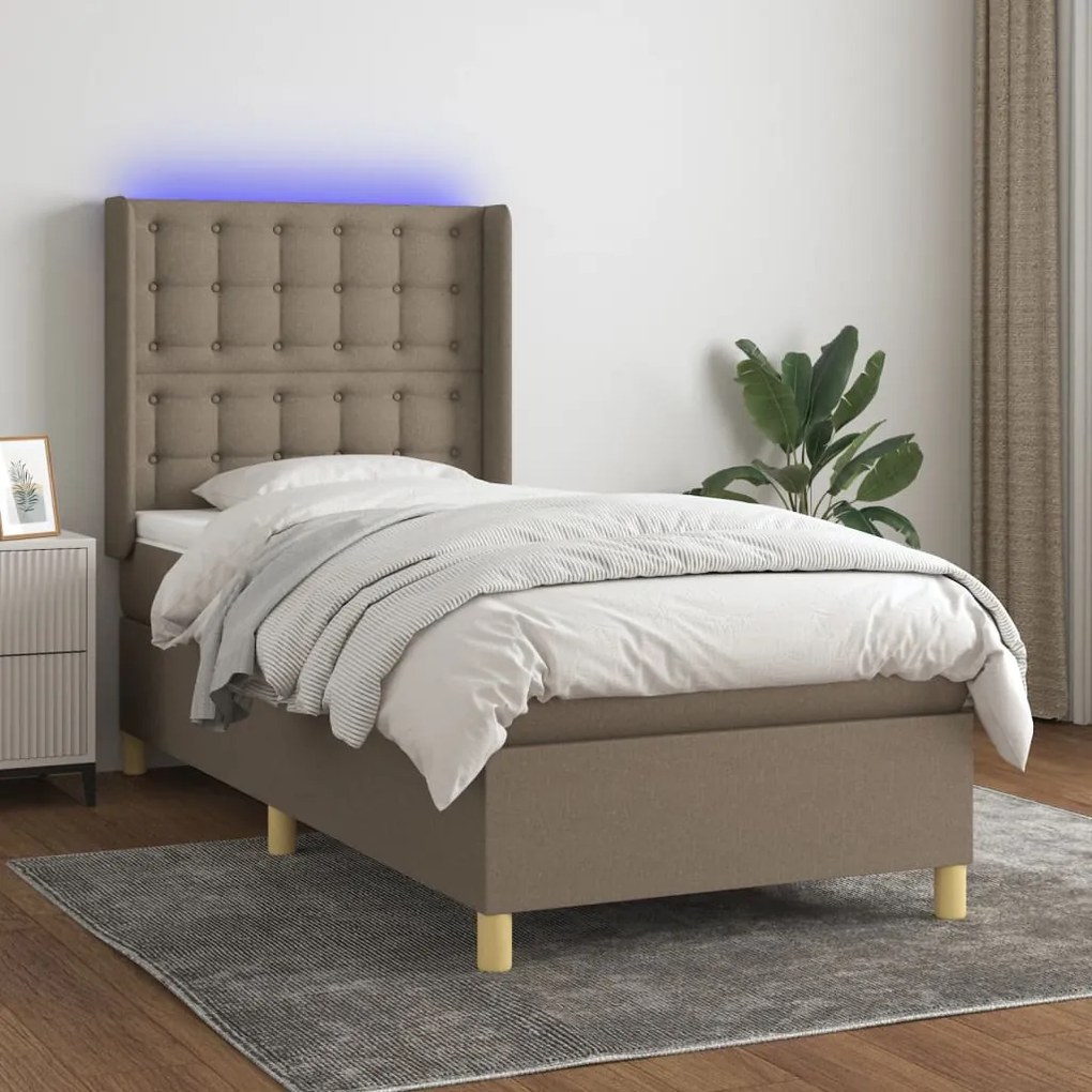 vidaXL Κρεβάτι Boxspring με Στρώμα &amp; LED Taupe 90x200 εκ. Υφασμάτινο