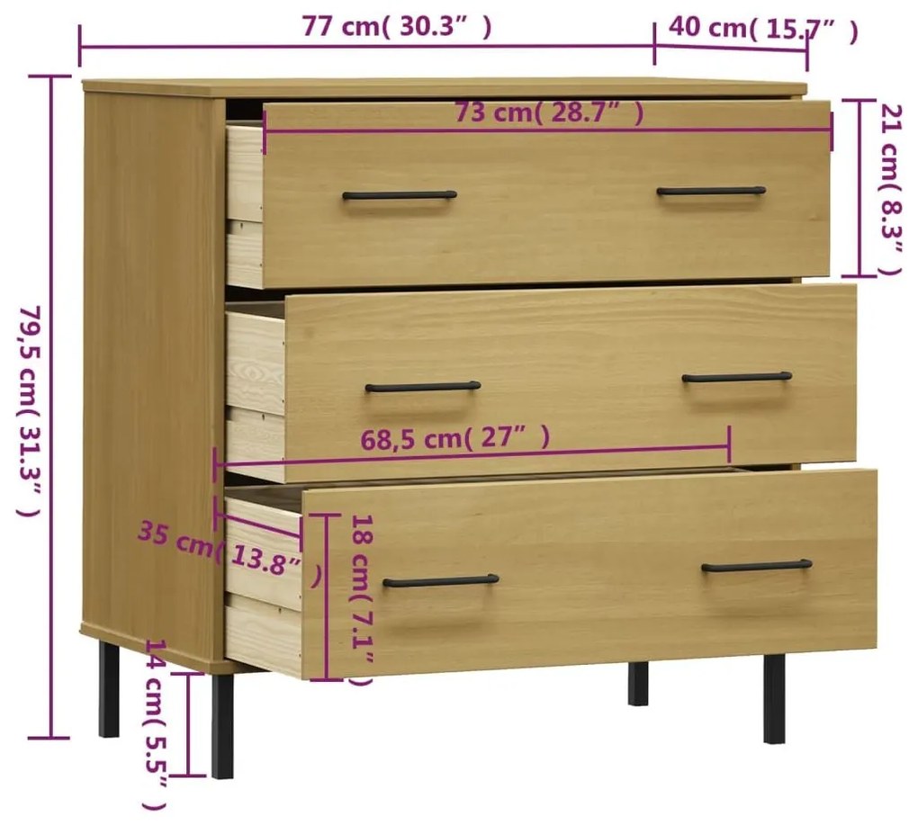 Ντουλάπι OSLO με 3 Συρτάρια Καφέ 77 x 40 x 79,5 εκ. Μασίφ Ξύλο - Καφέ
