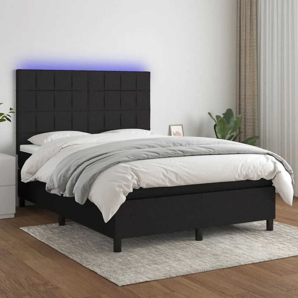 Κρεβάτι Boxspring με Στρώμα & LED Μαύρο 140x200 εκ. Υφασμάτινο