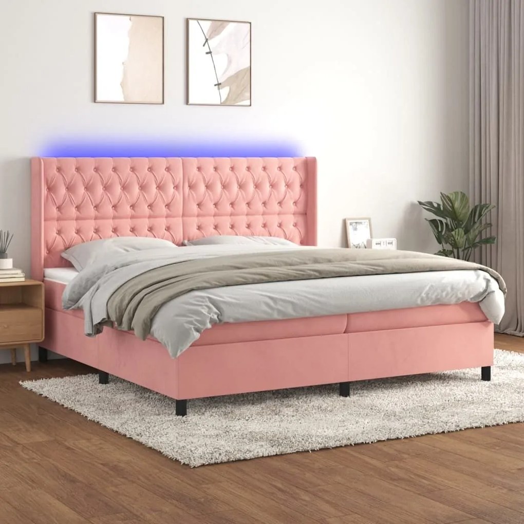 Κρεβάτι Boxspring με Στρώμα &amp; LED Ροζ 200x200 εκ. Βελούδινο - Ροζ