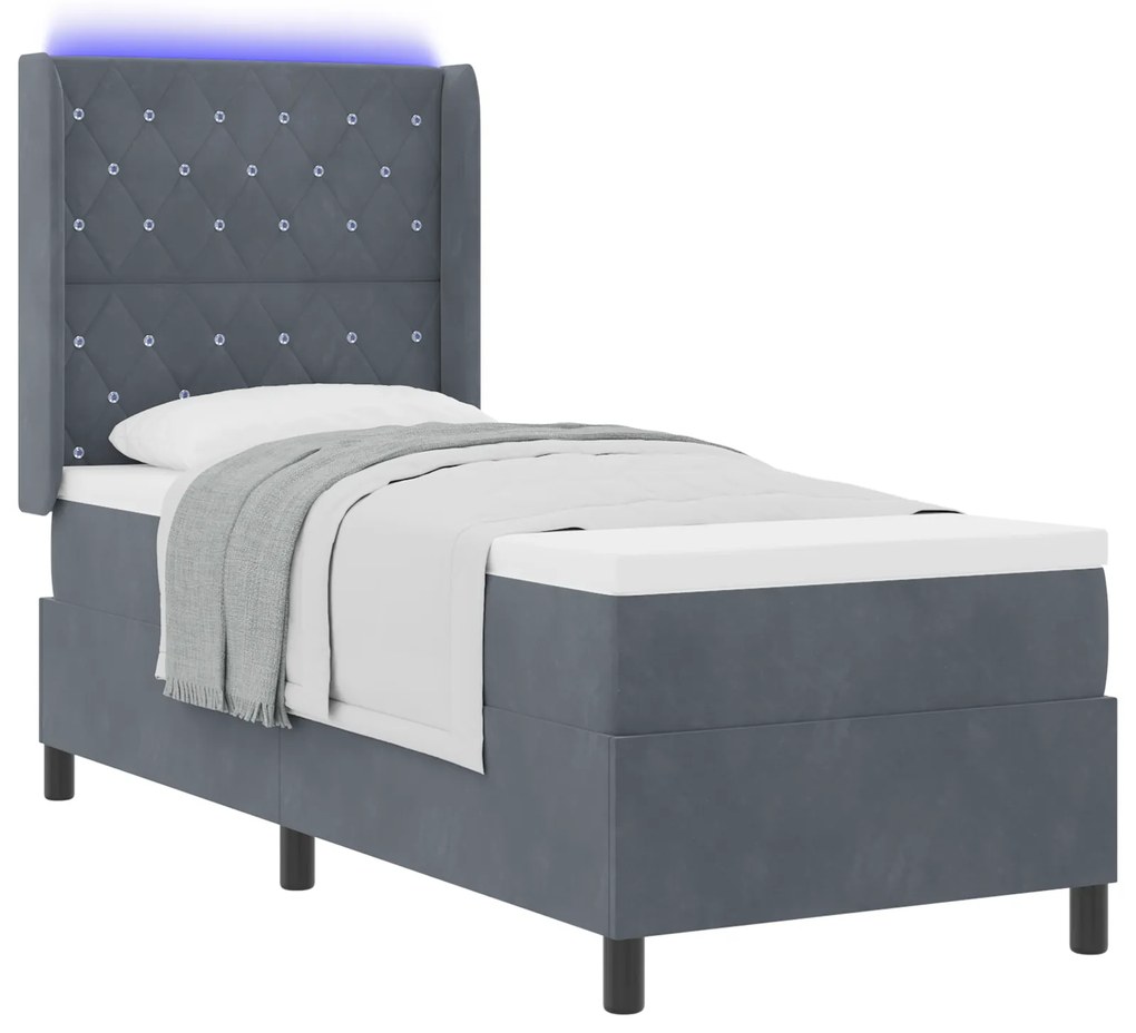 vidaXL Κρεβάτι με Ελατήριο & Στρώμα & LED Σκούρο Γκρι 80x200 εκ. Βελούδο