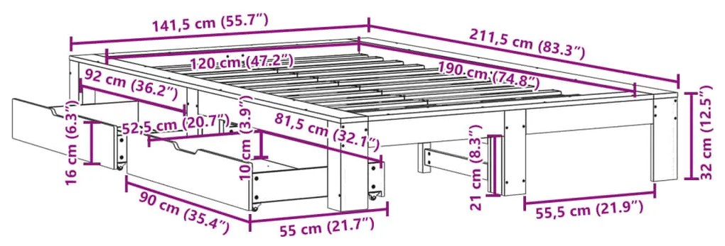 Σκελετός Κρεβατιού Χωρίς Στρώμα 120x190 εκ Μασίφ Ξύλο Πεύκου - Καφέ