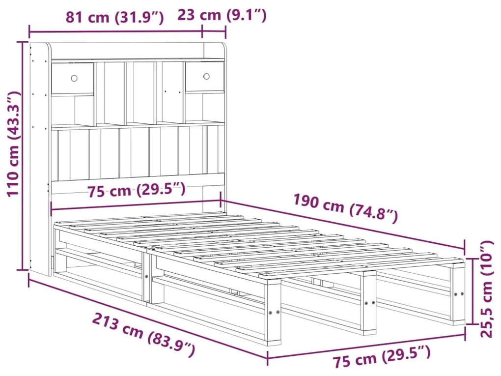 Κρεβάτι Βιβλιοθήκη Χωρίς Στρώμα 75x190 εκ Μασίφ Ξύλο Πεύκου - Καφέ