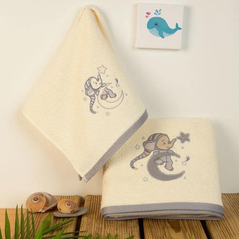 Πετσέτες Βρεφικές Με Κέντημα Dreaming Elephant 169 (Σετ 2τμχ) Ecru DimCol Σετ Πετσέτες 70x140cm 100% Cotton