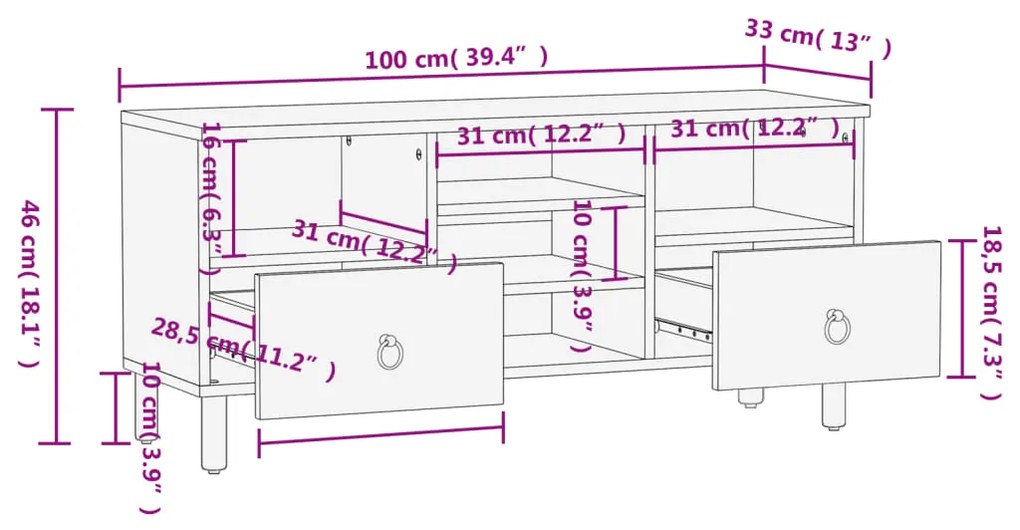 Έπιπλο Τηλεόρασης 100 x 33 x 46 εκ. από Μασίφ Ξύλο Μάνγκο - Καφέ