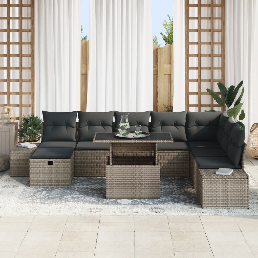 vidaXL Σετ καναπέ κήπου 9 τεμαχίων από γκρι poly rattan με μαξιλάρια