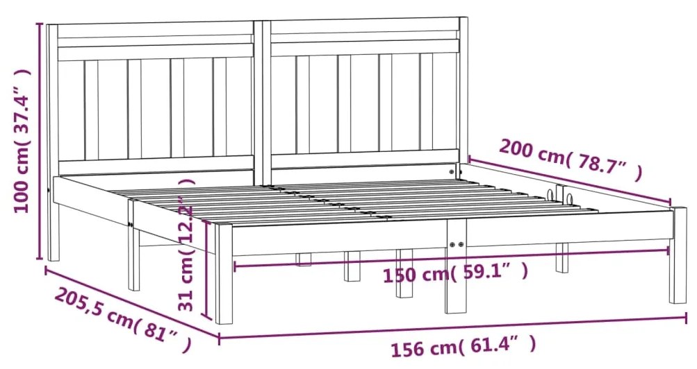 Πλαίσιο Κρεβατιού Γκρι 150 x 200 εκ. Μασίφ Ξύλο King Size - Γκρι