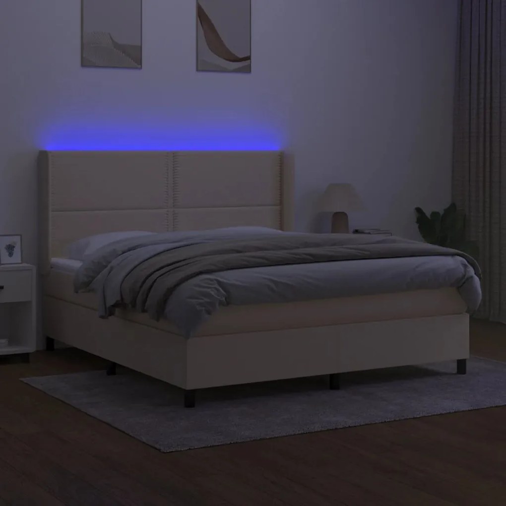 Κρεβάτι Boxspring με Στρώμα &amp; LED Κρεμ 180x200 εκ. Υφασμάτινο - Κρεμ