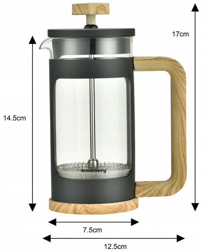 Καφετιέρα γαλλικού καφέ με πρέσα Klausberg KB 7679, 350 ml, Υψηλής ποιότητας βοριοπυριτικό γυαλί, Μαύρο/Καφέ