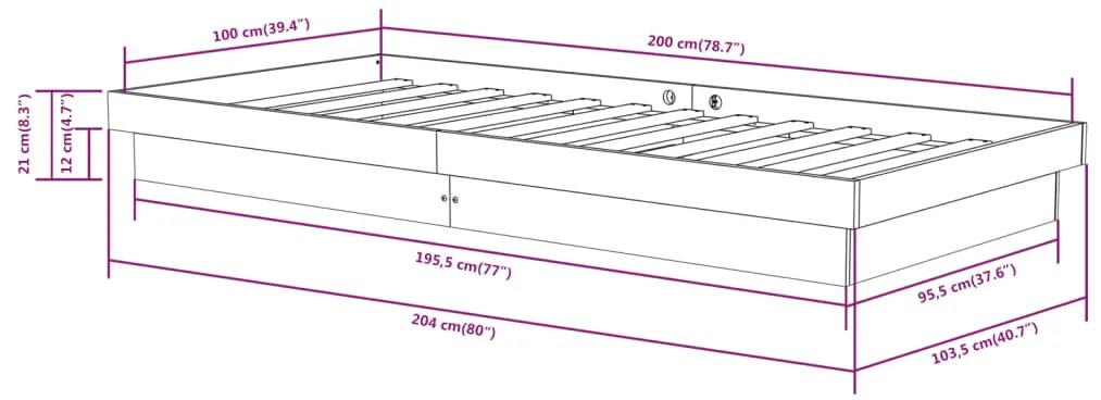 Πλαίσιο Κρεβατιού 100 x 200 εκ. από Μασίφ Ξύλο - Καφέ