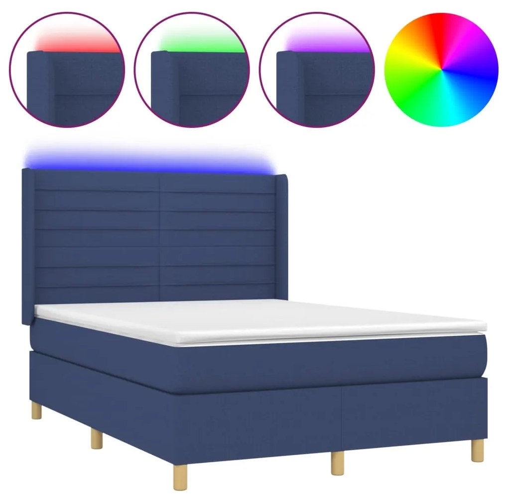 vidaXL Κρεβάτι Boxspring με Στρώμα & LED Μπλε 140x200 εκ. Υφασμάτινο