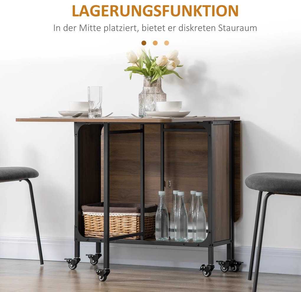 HOMCOM Κινητό Τραπέζι Πτυσσόμενο, 2 Πτυσσόμενες Επιφάνειες, 130 cm x 80 cm x 74 cm, Καφέ