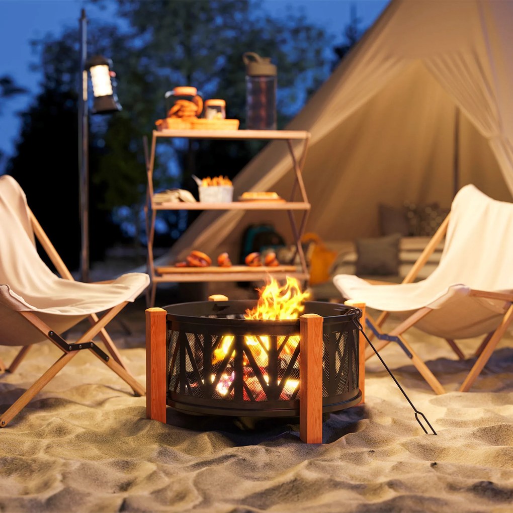 Outsunny 2-σε-1 Εστία Τζακιού Ø75 x 58 εκ. με κάλυμμα προστασίας από σπινθήρες και εργαλείο, Μαύρο