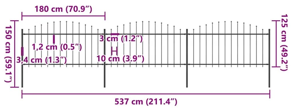 vidaXL Φράχτης Κήπου με Κορυφή Δόρυ Μαύρος Ατσάλινος 537 x 150 εκ.
