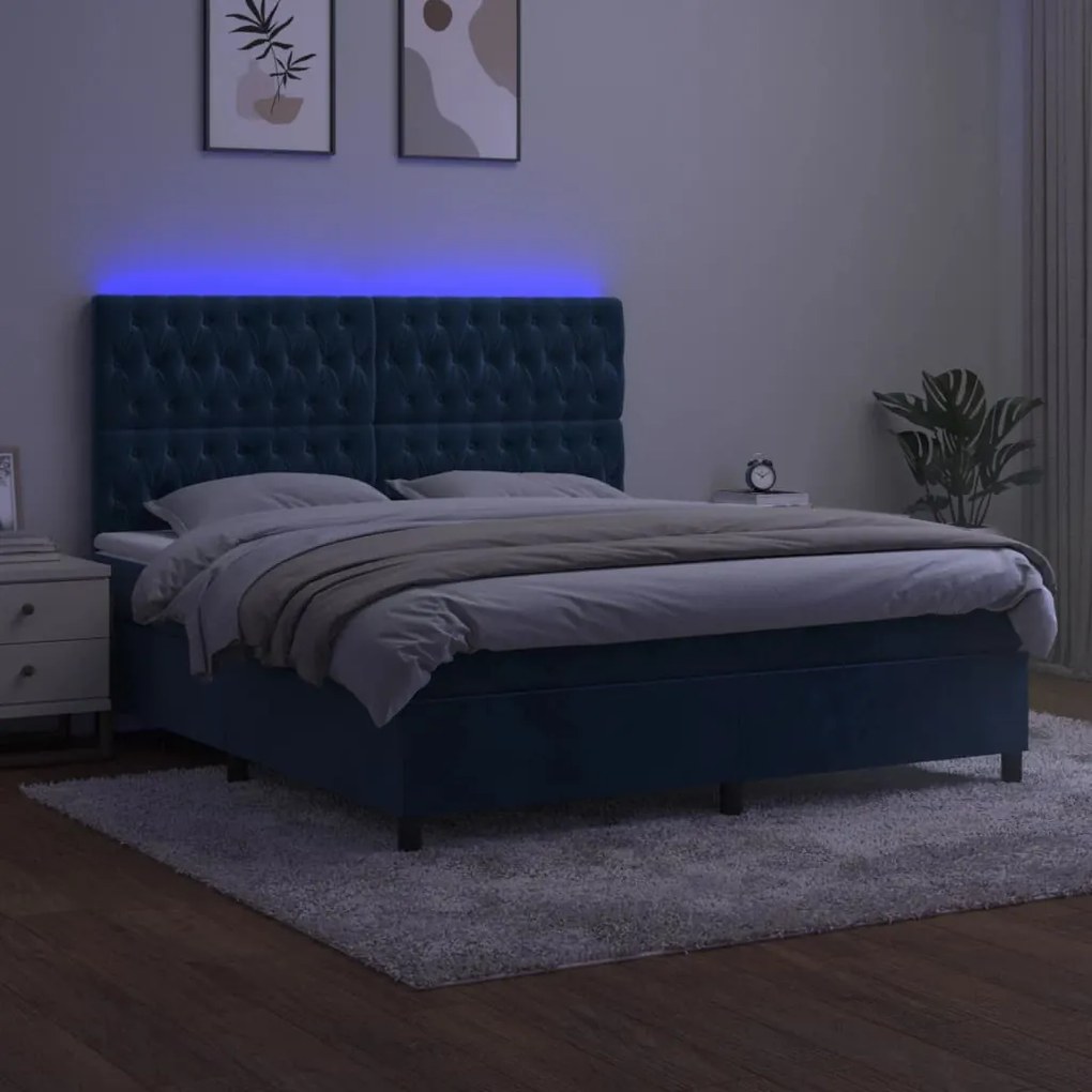 Κρεβάτι Boxspring με Στρώμα &amp; LED Σκ. Μπλε 160x200εκ. Βελούδινο - Μπλε