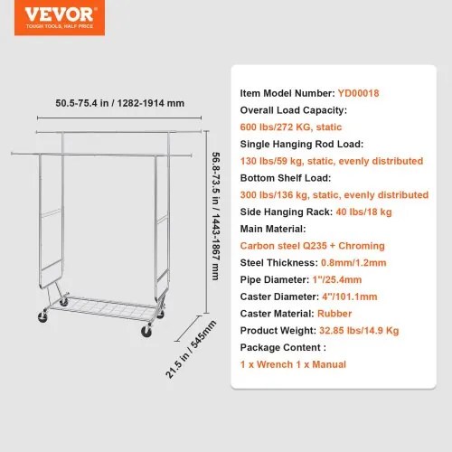 VEVOR Heavy Duty Clothes Rack, Double Hanging Rod Clothing Garment Rack for Hanging Clothes, Adjustable Height and Extendable Length Clothing Rack with Bottom Storage Area, 600 lbs Load Capacity
