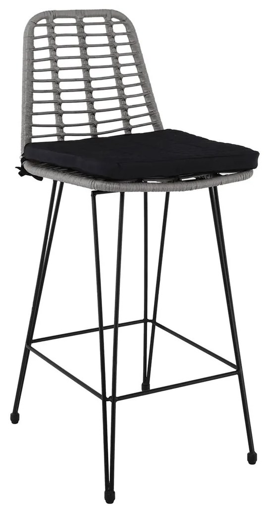 SALSA Σκαμπό BAR-Pro με Πλάτη, Μέταλλο Βαφή Μαύρο - Wicker Γκρι, με Μαξιλάρι Μαύρο 45x55x75/113cm