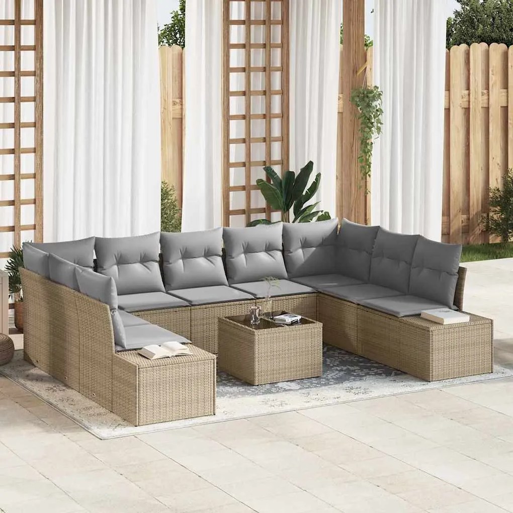 vidaXL Σετ Καναπέ Κήπου με μαξιλάρι 10 pcs Μπεζ Πολυ ράταν