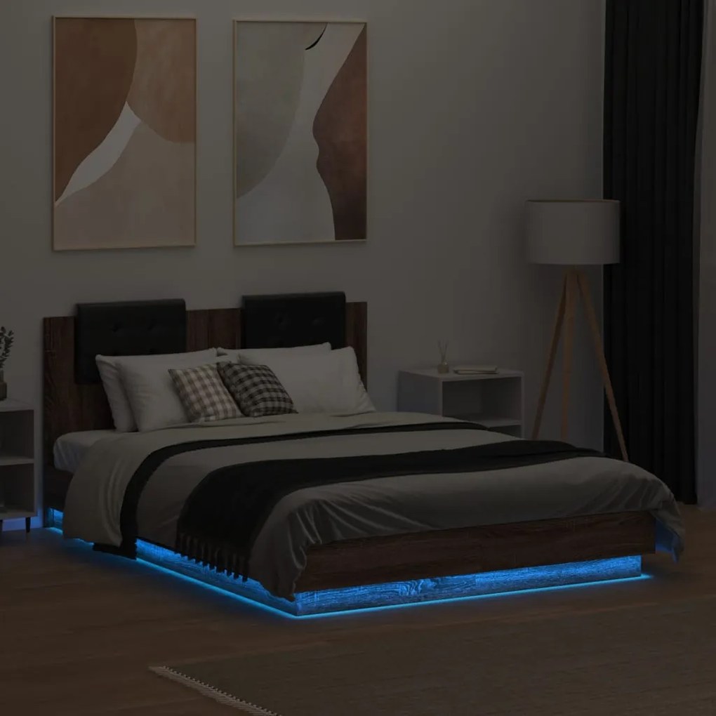 vidaXL Πλαίσιο Κρεβατιού με Κεφαλάρι και LED Καφέ Δρυς 120 x 190 εκ.