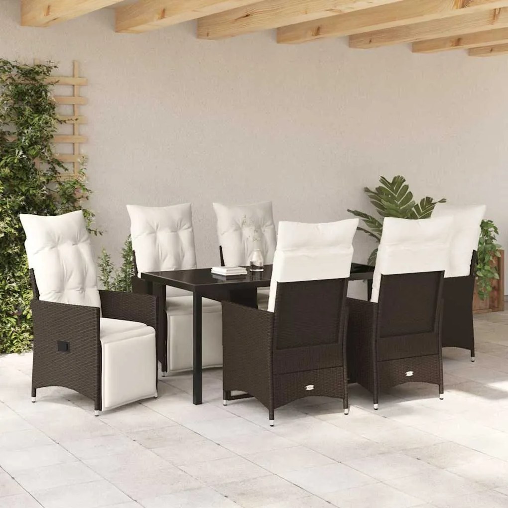 vidaXL Σέτ φαγητού για κήπο με μαξιλάρι 7 pcs Καφέ Πολυ ράταν