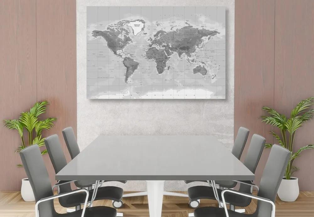Εικόνα στο φελλό ενός όμορφου ασπρόμαυρου παγκόσμιου χάρτη - 90x60  smiley