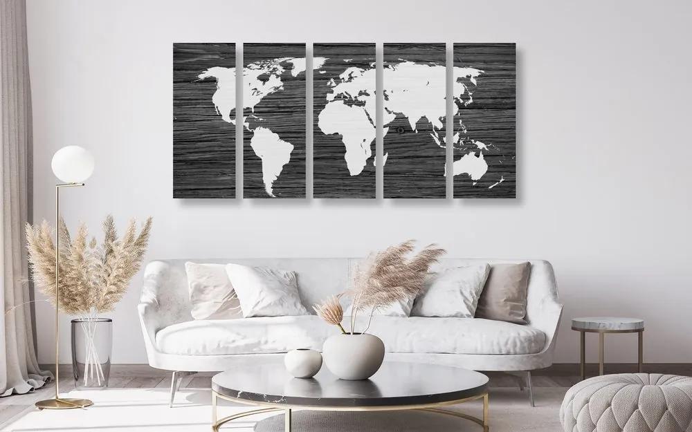 Πέντε μέρη εικόνα χάρτη του κόσμου σε ξύλο σε μαύρο & άσπρο - 200x100