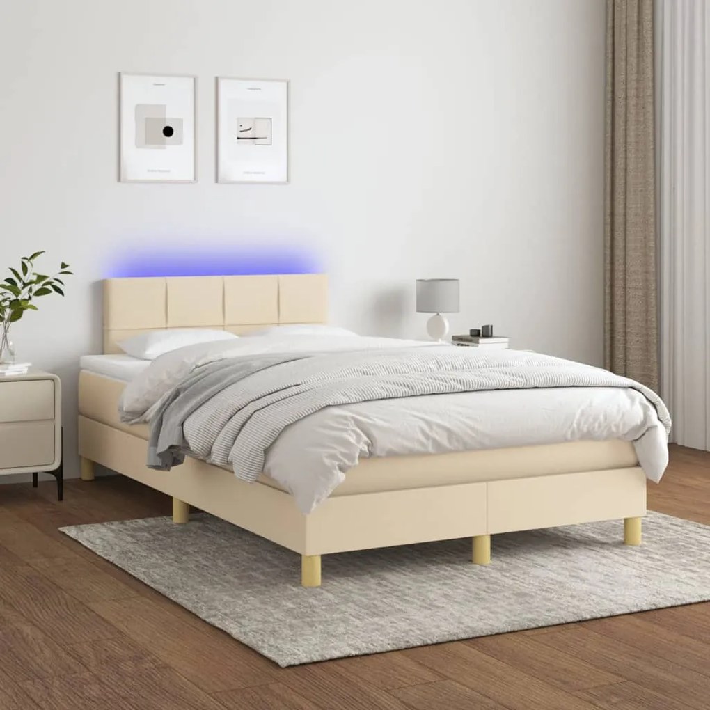 Κρεβάτι Boxspring με Στρώμα &amp; LED Κρεμ 120x200 εκ. Υφασμάτινο - Κρεμ