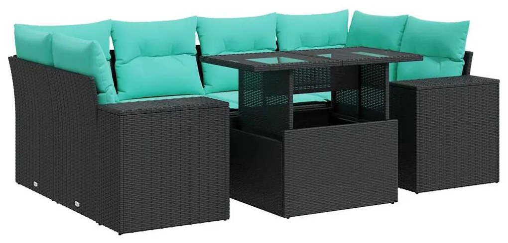 vidaXL Καναπές Σετ 7Τεμαχίων Μαύρο Συνθετικό Ρατάν με Μαξιλάρια Ακακία