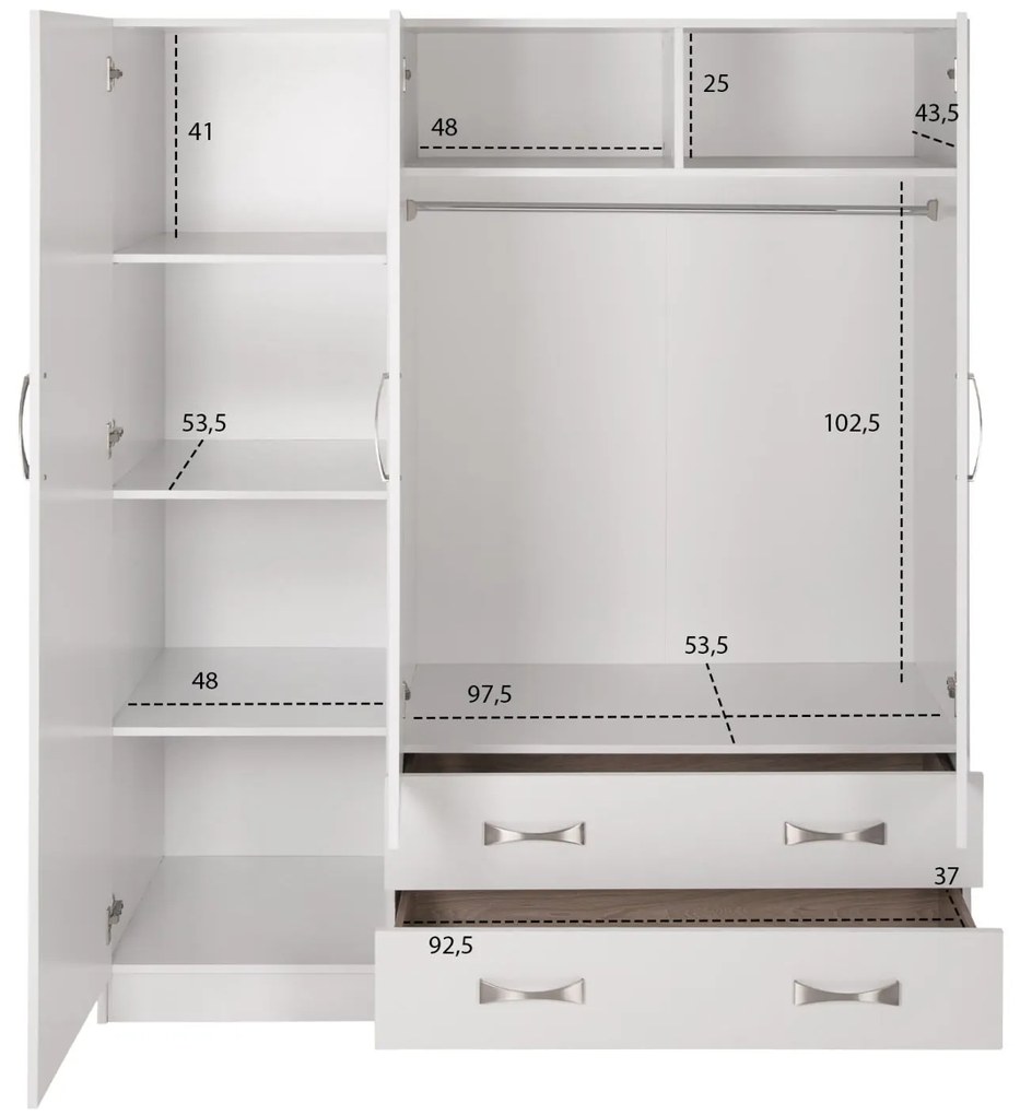 Ντουλάπα CARLY Τρίφυλλη με 2 Συρτάρια Λευκή 150x55x180Υεκ. 150x55x180 εκ.