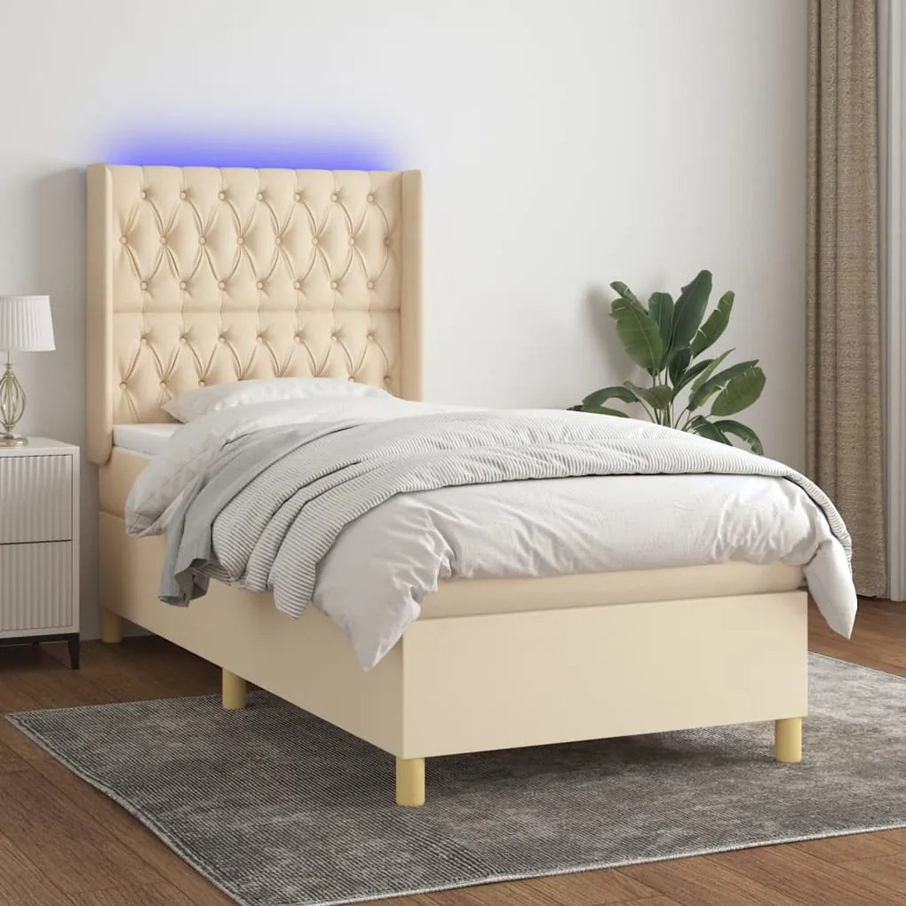 vidaXL Κρεβάτι Boxspring με Στρώμα & LED Κρεμ 90x190 εκ. Υφασμάτινο