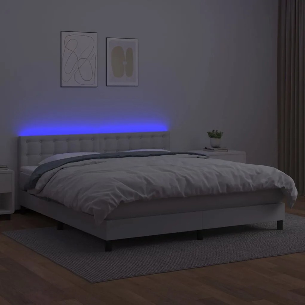 Κρεβάτι Boxspring με Στρώμα &amp; LED Λευκό 180x200 εκ. Συνθ. Δέρμα - Λευκό