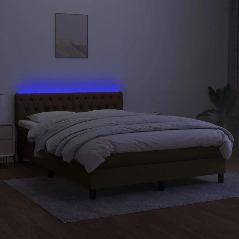 Κρεβάτι Boxspring με Στρώμα &amp; LED Σκ.Καφέ 140x190 εκ Υφασμάτινο - Καφέ