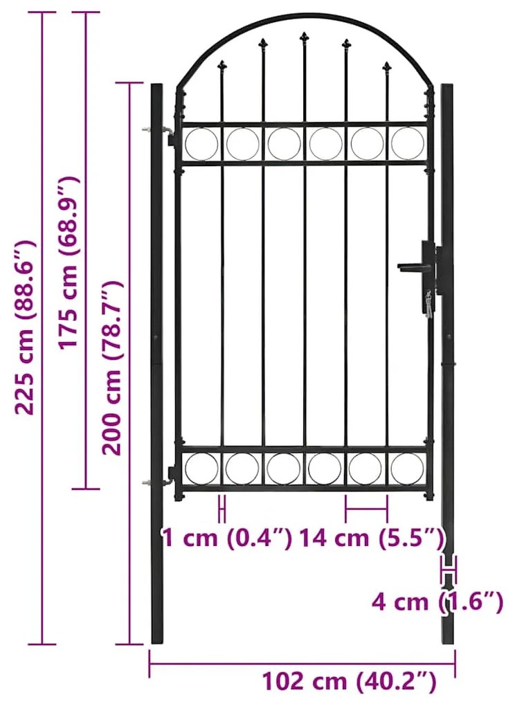 vidaXL Πόρτα Περίφραξης με Αψιδωτή Κορυφή Μαύρη από Ατσάλι 104 x 175 εκ.