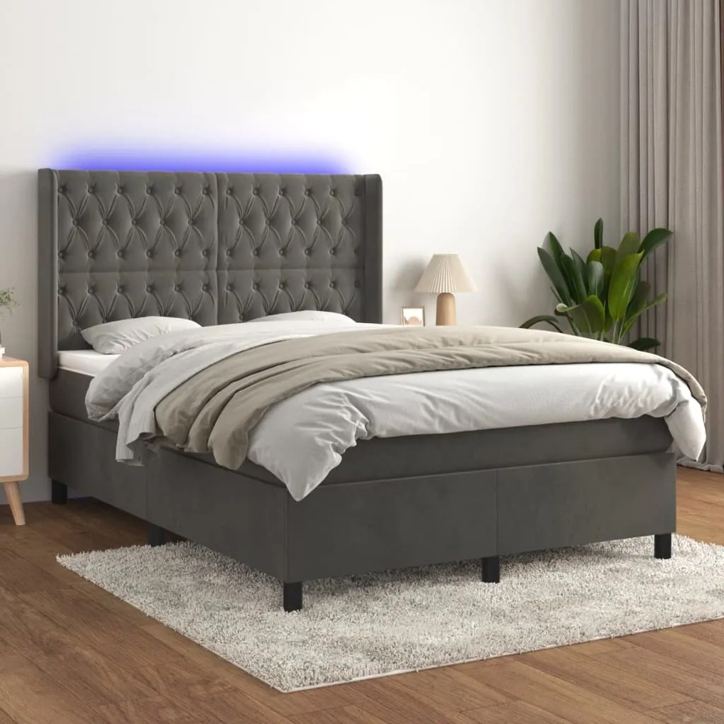 Κρεβάτι Boxspring με Στρώμα &amp; LED Σκ. Γκρι 140x200εκ. Βελούδινο - Γκρι