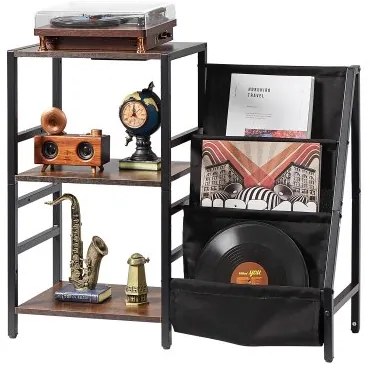 VEVOR 3 Tiers Record Player with LED Light &amp; USB Ports Metal Vinyl Shelf Black