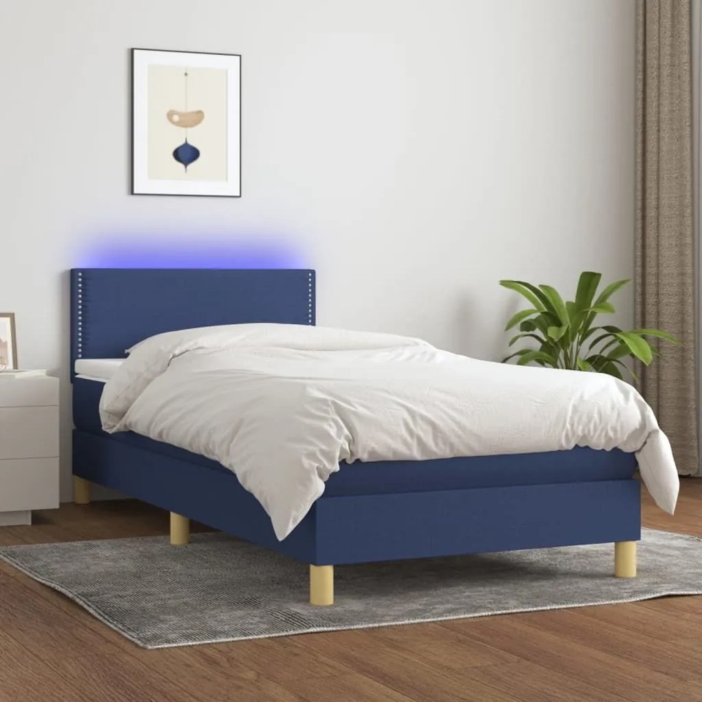 ΚΡΕΒΑΤΙ BOXSPRING ΜΕ ΣΤΡΩΜΑ &amp; LED ΜΠΛΕ 90X190 ΕΚ. ΥΦΑΣΜΑΤΙΝΟ 3133603